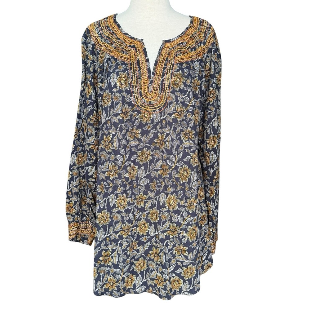J. Jill PureJill Womens Navy Blue Twill Embroidered V-Neck Tunic Blouse Top XL